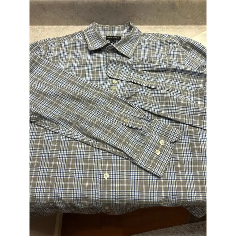 Banana Republic Non-Iron Slim Fit Plaid Dress Shirt Blue Gray Cotton Men’s L